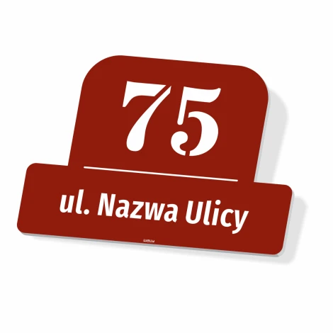 House or property number sign with street name - Graphic design. Red background with white numbers and text.