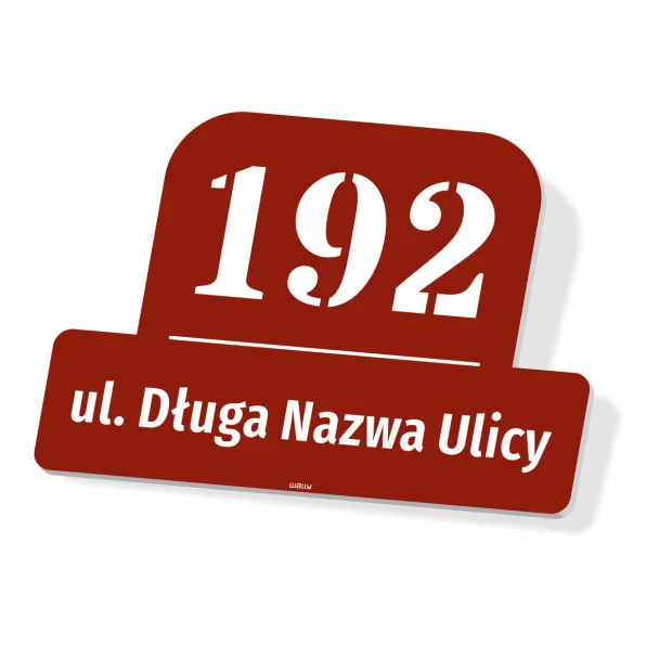 House number sign with street name - Graphic design. Red background with white numbers and text.