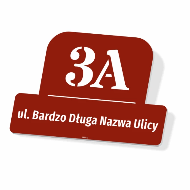 House or property number plaque with street name - Rectangular shape with rounded corners, white letters.