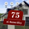 House or property number plaque with street name - Graphic design. Red rectangle with white numbers and text.