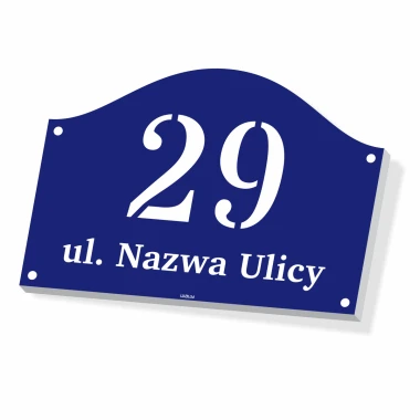 House number sign with street name - Graphic design. Navy background with white numbers and letters, semicircular shape.