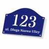 House number sign with street name - Graphic design. Semi-circular shape with navy background and white numbers.
