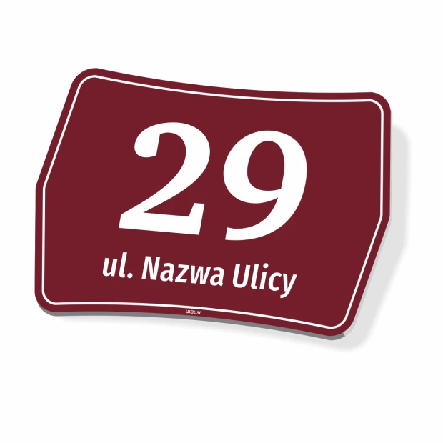 House number and street sign for home or property - Rectangular shape, burgundy background, large graphic design.