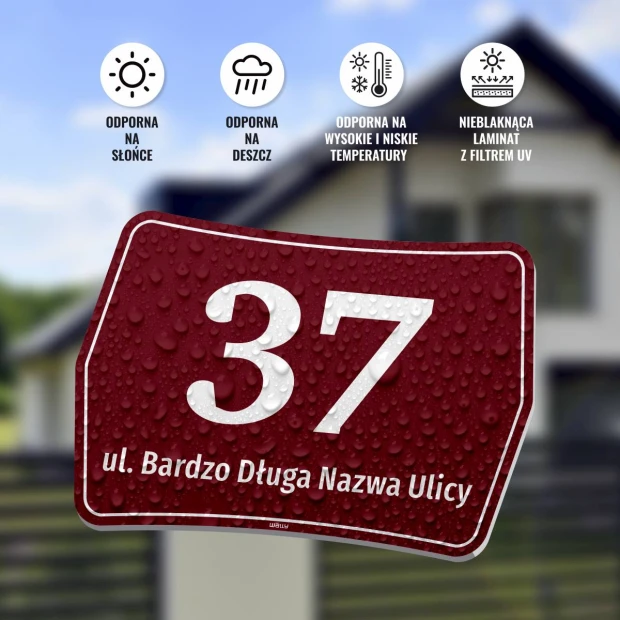 House number and street sign for home or property - Graphic design. Red rectangle with white numbers and text.