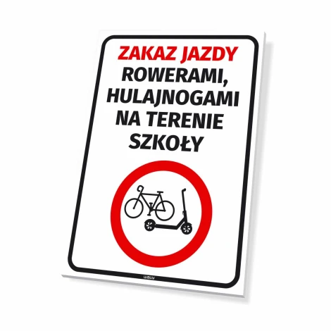 No cycling or scooters allowed on school grounds - Graphic design. Red circle with bike icon on a white background.