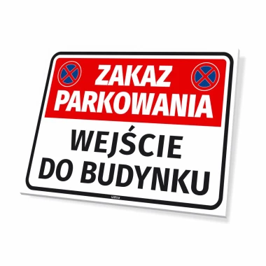 No Parking Sign at Building Entrance - Graphic Design. Red background with white text and blue symbols.