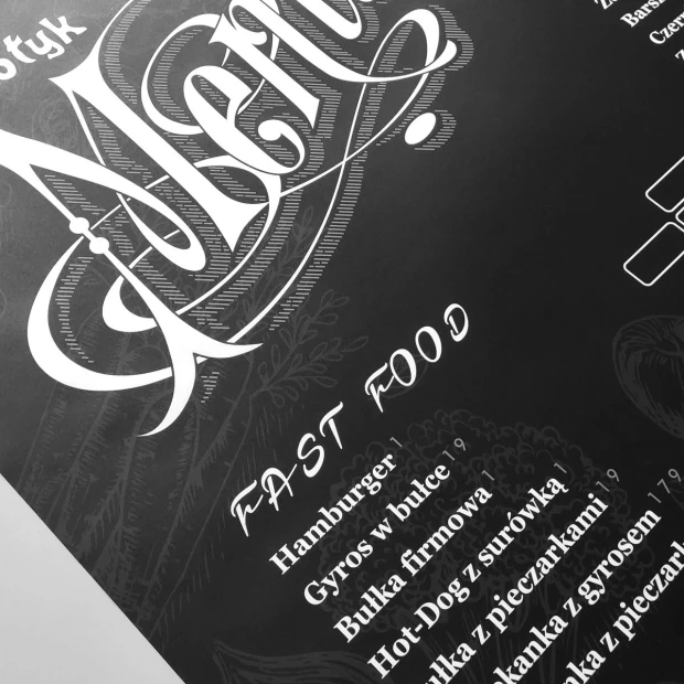 Chalk film with custom print - Graphic design. Black background with white text and floral elements.
