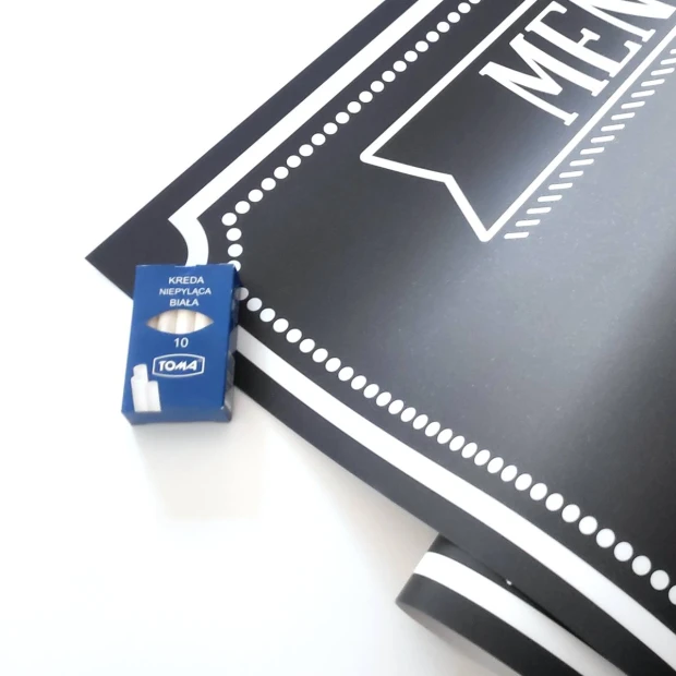 Chalkboard film with custom print - Graphic design. Black background with white lines and the word MENU.