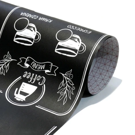 Chalkboard film with custom print - Graphic design. Black background with white drawings of cups and branches.