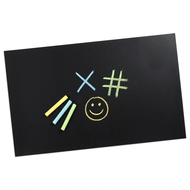 Chalkboard magnetic foil - Graphic design. Black background with colorful markers and small round elements.
