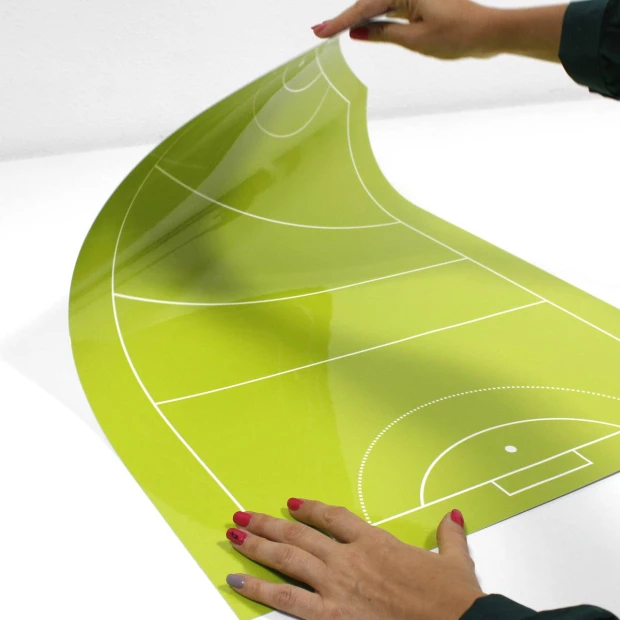 Dry-erase chalkboard film with custom print - Graphic design. Green surface with white field lines.