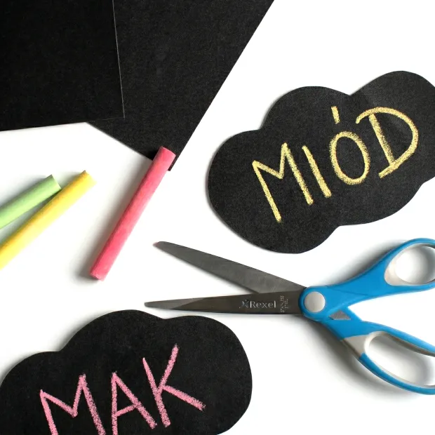 Chalkboard film - black - Graphic design with cloud shapes and chalk-colored text.