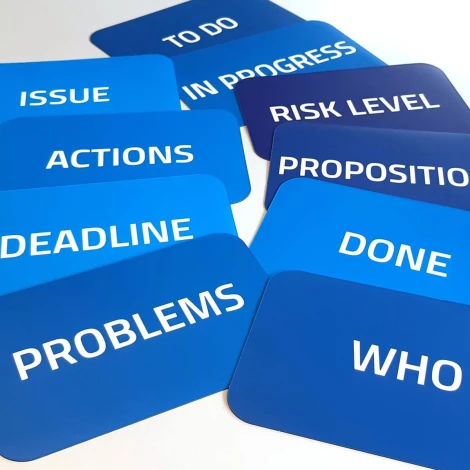 Custom printed magnetic mat - Graphic design. Blue background with white text in various layouts.