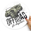 Custom printed magnetic mat - Round shape featuring an off-road vehicle graphic and text.
