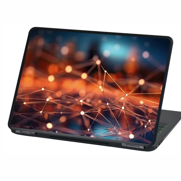 Laptop sticker abstract P528 - Graphic design with warm-colored lines and dots forming a network on a background.