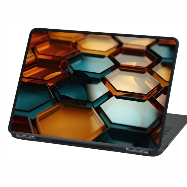 Abstract hexagon laptop sticker P536 - Graphic design. Hexagons in brown and blue colors.