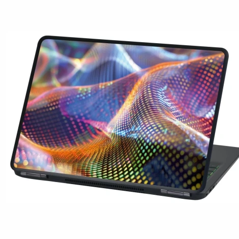 Holographic laptop sticker P532 - Graphic design with vibrant waves and tiny dots creating an effect.