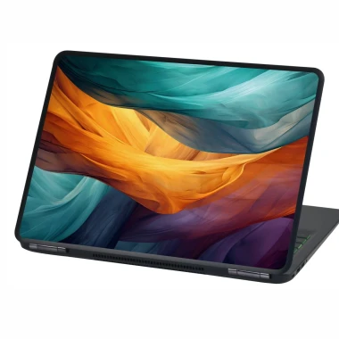 Colorful abstract laptop sticker P539 - Graphic design with waves in vibrant orange and blue colors.