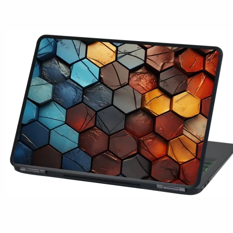 Colorful hexagon laptop sticker P537 - Graphic design with hexagons in shades of blue and brown.
