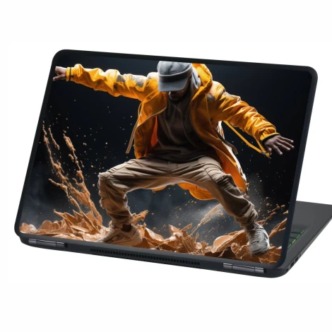Laptop sticker featuring a male figure P534 - Graphic design. Figure in a yellow jacket jumping with elements around.
