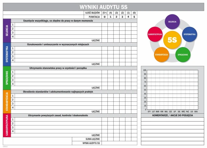 Dry-erase magnetic board Lean 161 5S Audit Results - Graphic design with a table of categories.