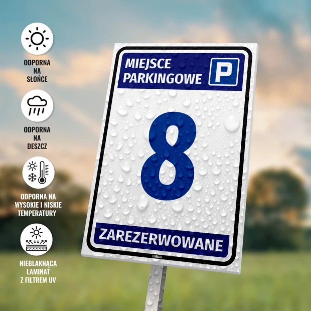 Reserved parking sign with number and graphic design. Simple sign with a blue background.