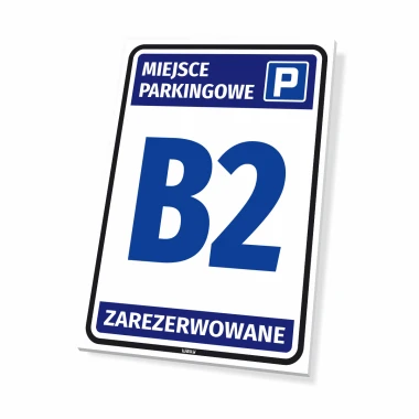Reserved parking sign with number and graphic design. Blue letters on a white background.