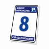 Reserved parking sign with graphic design. White rectangle with blue lettering.