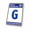 Reserved parking sign with number and graphic design. Blue frames on a white background, large size.