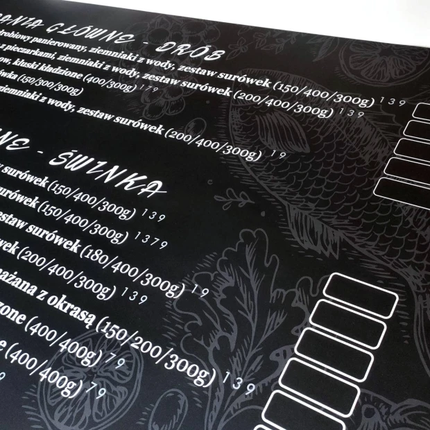 Chalkboard magnetic foil with custom print - white text and plant patterns on a black background.