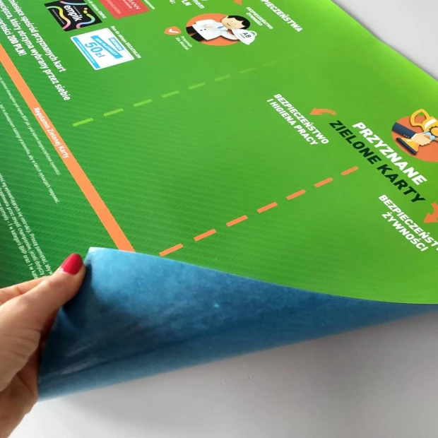 Magnetic dry-erase film with custom print - Graphic design. Green background with icons and text in various colors.