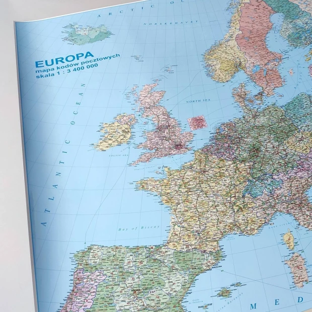 Magnetic dry-erase film with custom print - Graphic design. Map of Europe with colorful country borders and names.