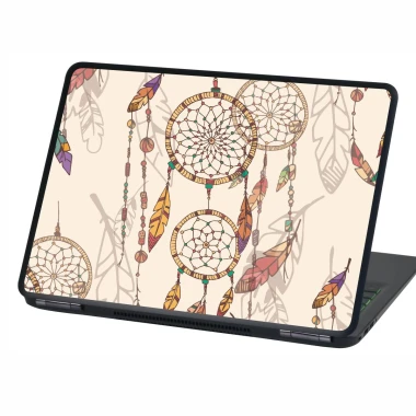 Dream catcher laptop sticker P543 - Graphic design with three dream catchers, feathers, and beads on a light background.