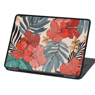 Hibiscus Flowers Laptop Sticker P547 - Graphic design featuring large red hibiscus flowers on a light background with green leaves.
