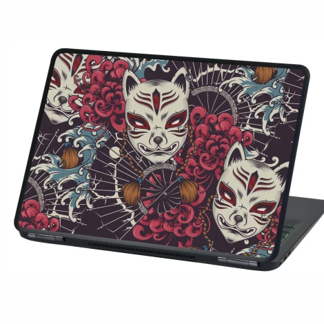 Laptop sticker Oriental Masks P545 - Graphic design featuring masks, waves, flowers, and circles.
