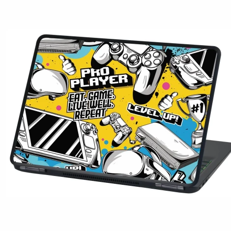 Laptop sticker Pro Player P546 - Graphic design featuring game controllers, trophies, and text on a colorful background.