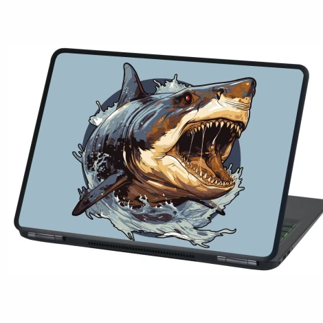 Shark Laptop Sticker P553 - Graphic design of a shark with an open mouth in water on a blue background.