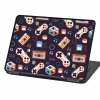 Retro Laptop Sticker P548 - Graphic design featuring game controllers, cassettes, dice, and musical notes on a dark background.