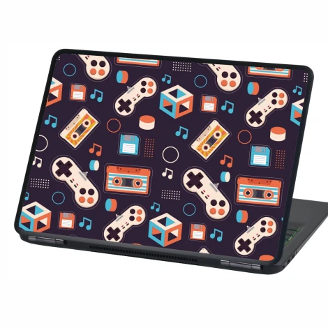 Retro Laptop Sticker P548 - Graphic design featuring game controllers, cassettes, dice, and musical notes on a dark background.
