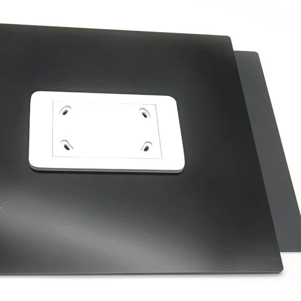 Engraved address plaque in brushed silver-black dibond, 42 x 35 cm, simple rectangular design.