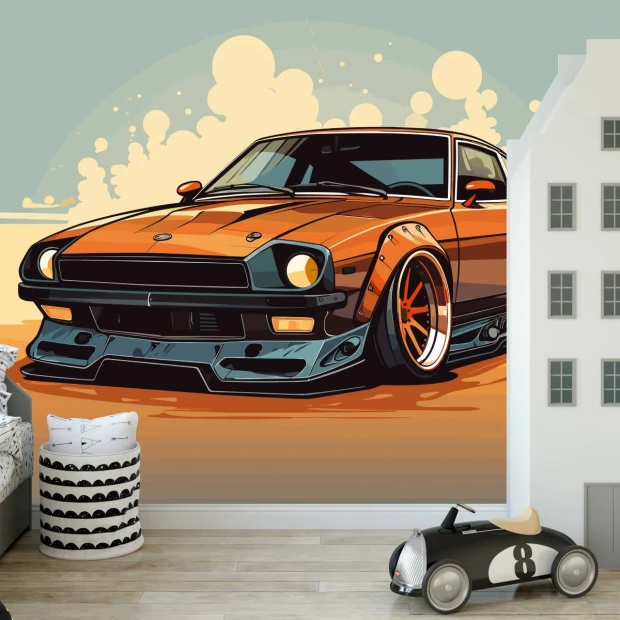 Boys\' room wallpaper with a sports car design against a backdrop of clouds and sand.