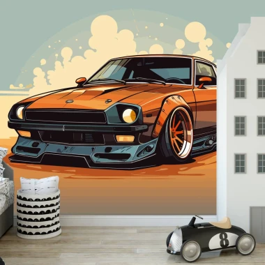Boys\' room wallpaper with a sports car design against a backdrop of clouds and sand.