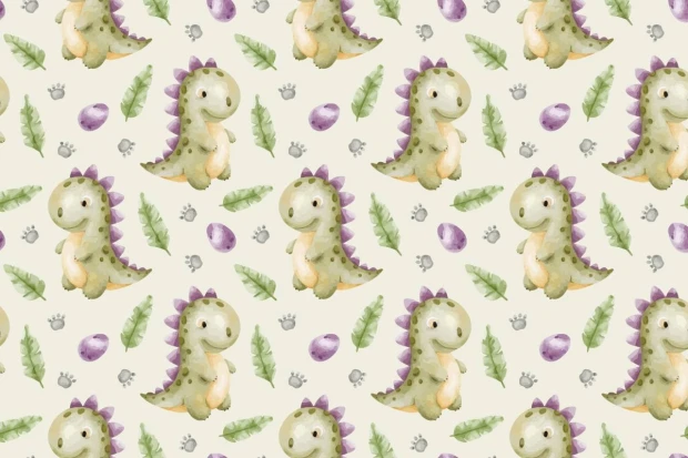Dinosaur wallpaper for kids\' room 0512 - Graphic design with pastel-colored dinosaurs, leaves, and eggs.