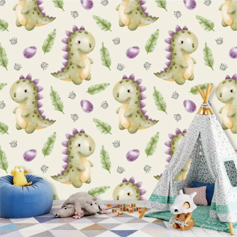 Dinosaur wallpaper for kids\' room 0512 - Brightly colored walls with a tent in the background.