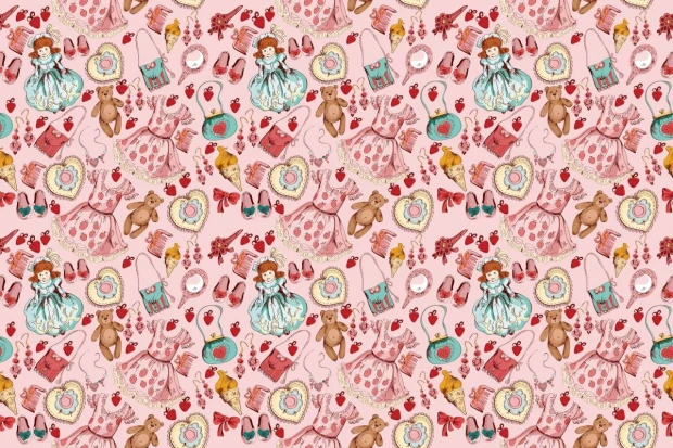 Children\'s wallpaper Girl, bears 0513 - Graphic design. Pink background with girls and bear characters.