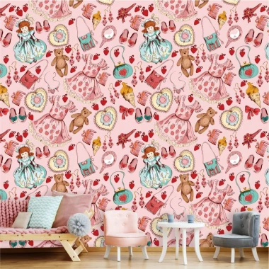 Children\'s wallpaper Girl, bears 0513 - Graphic design. Pink background with girls and bear characters.