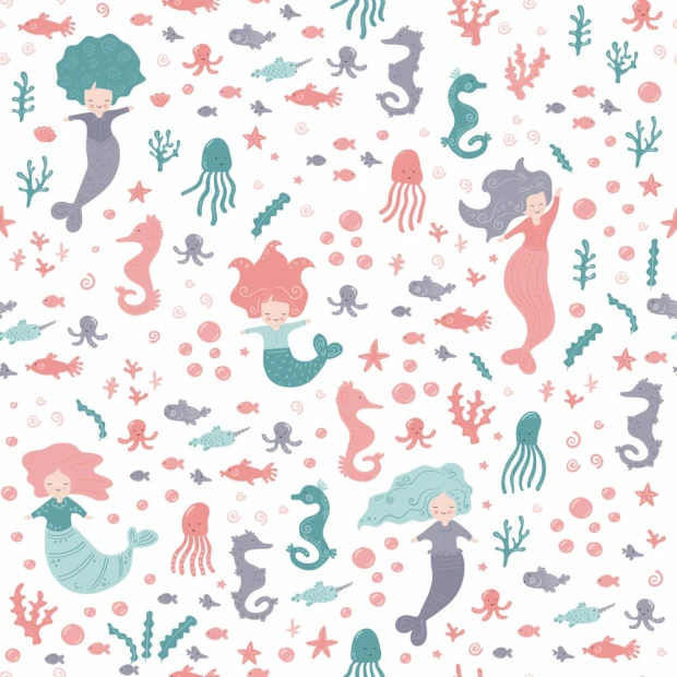 Mermaid and seahorse wallpaper for children\'s room 0506 - Graphic design on a white background.