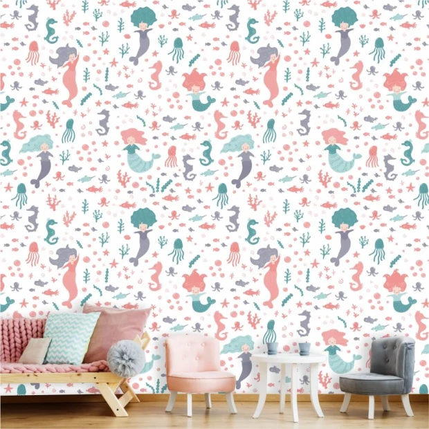 Mermaid and seahorse wallpaper for kids\' room, featuring a graphic design of mermaids, seahorses, jellyfish, and plants.