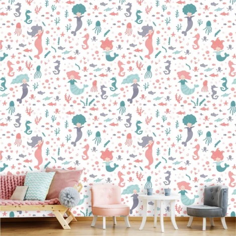 Mermaid and seahorse wallpaper for kids\' room, featuring a graphic design of mermaids, seahorses, jellyfish, and plants.