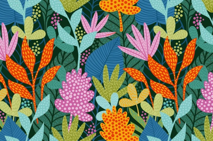 Abstract Flowers Wallpaper 0515 - Graphic pattern with flowers in various shapes and colors on a dark background.